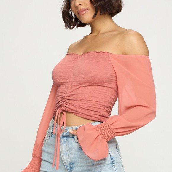 Chocolate USA Drawstring Off-Shoulder Flounce Sleeve Cropped Top - Picture 2 of 3